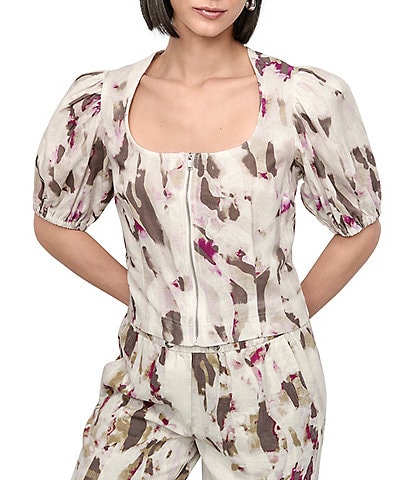 DKNY by Donna Karan Linen Blend Scoop Neck Puff Sleeve Zip Front Blouse