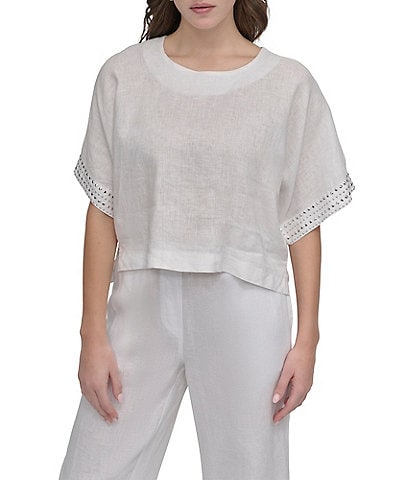 DKNY by Donna Karan Linen Crew Neck Studded Short Sleeve Boxy top