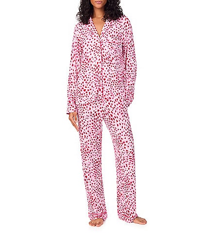DKNY by Donna Karan Long Sleeve Notch Collar Jersey Knit Heart Print Long Pajama Set