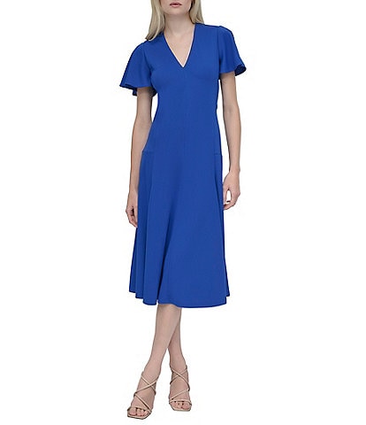DKNY by Donna Karan Matte Jersey V Neck Short Sleeve Fit and Flare Midi Dress