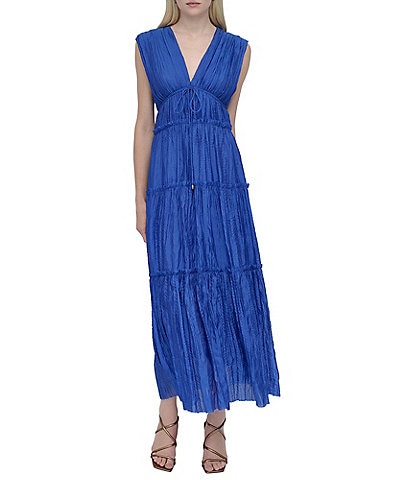 DKNY by Donna Karan Organza V Neck Sleeveless Front Tie Sheath Maxi Dress