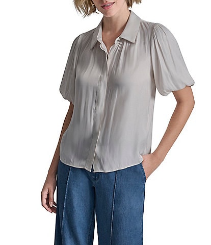 DKNY by Donna Karan Park Satin Point Collar Short Puff Sleeve Button Front Blouse