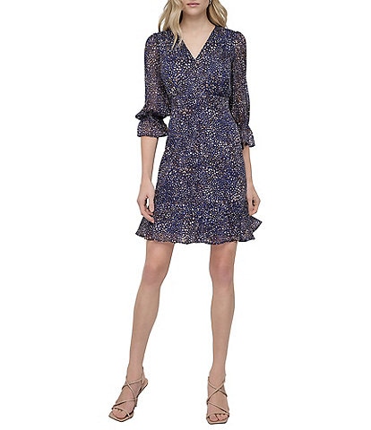 DKNY by Donna Karan Petite Size Chiffon V-Neck 3/4 Sleeve Fit and Flare Dress