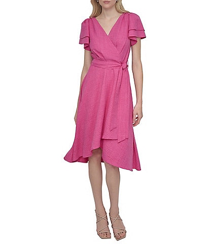 DKNY by Donna Karan Petite Size Short Sleeve V-Neck Wrap Dress