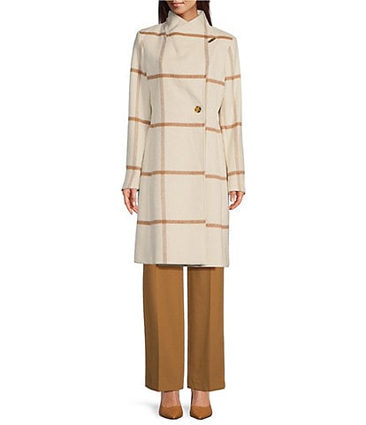 DKNY by Donna Karan Petite Size Windowpane Plaid Wool Envelope Collar Single Breasted Walker Coat