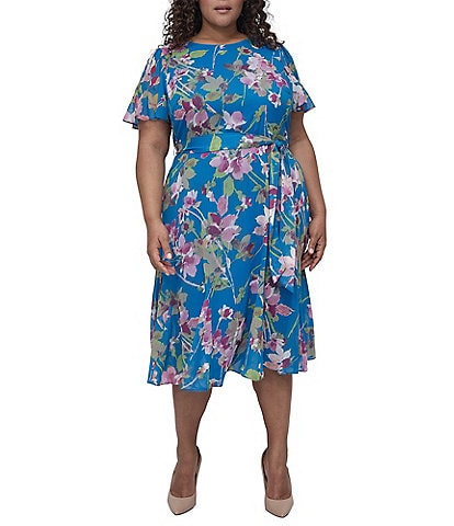DKNY by Donna Karan Plus Size Floral Print Chiffon Midi Dress