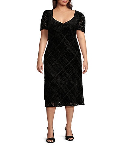 DKNY by Donna Karan Plus Size Plaid Print V-Neck Short Puff Sleeves Empire Shirred Dress