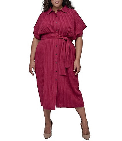 DKNY by Donna Karan Plus Size Crushed Dobby Short Sleeve Button Front Shirt Dress