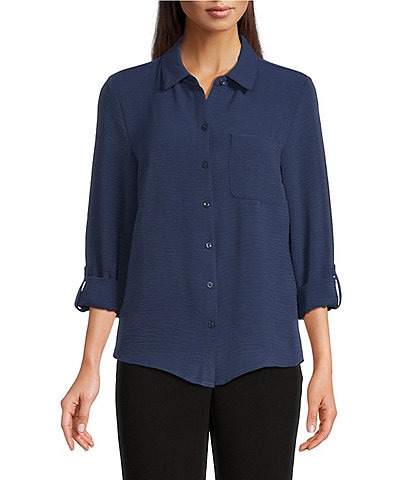 DKNY by Donna Karan Point Collar Long Roll-Tab Sleeve Button Front Blouse