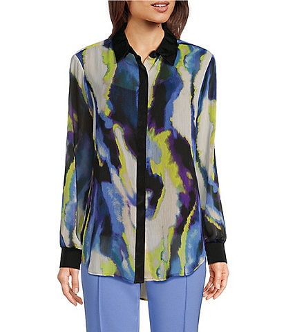DKNY by Donna Karan Abstract Printed Chiffon Point Collar Long Sleeve Button Down Top
