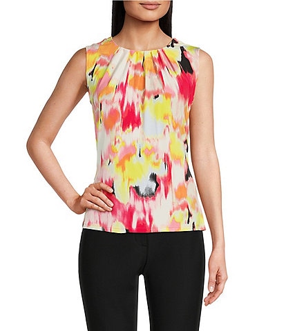 DKNY By Donna Karan Printed Jersey Ruched Crew Neck Sleeveless Top