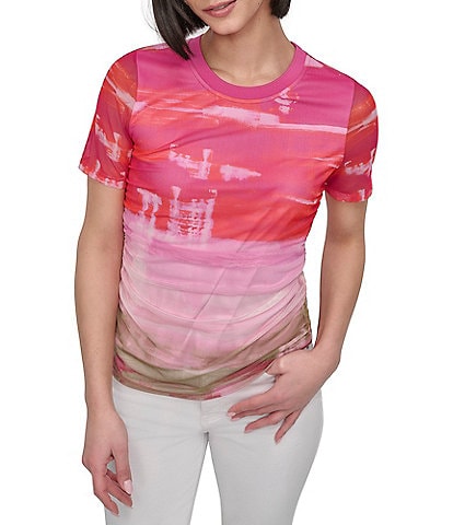 DKNY by Donna Karan Printed Mesh Crew Neck Short Sleeve Ruched Top