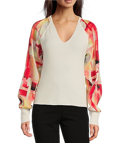 DKNY By Donna Karan Printed Mixed Media V-Neck Long Sleeve Knit Top
