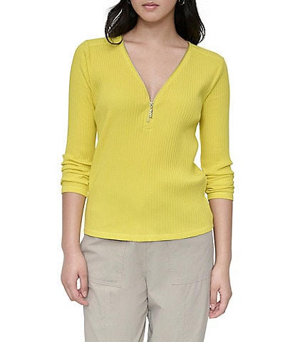 DKNY by Donna Karan Ribbed Knit Zip-Up V-Neck Long Sleeve Top