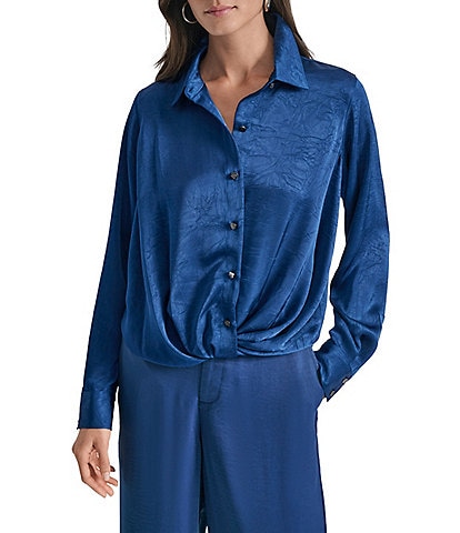 DKNY by Donna Karan Satin Crease Point Collar Twist Button Front Top