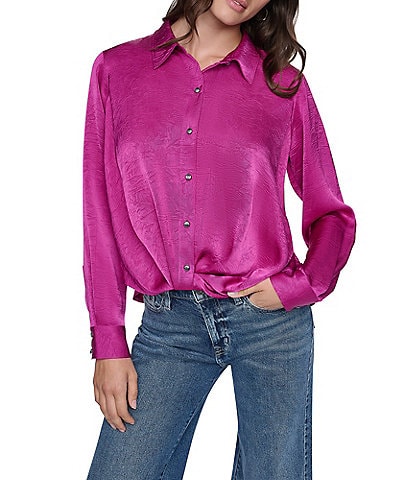 DKNY by Donna Karan Satin Crease Point Collar Twist Button Front Top