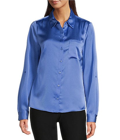 DKNY By Donna Karan Satin Crepe De Chine Point Collar Roll-Tab Sleeve Button-Front Shirt