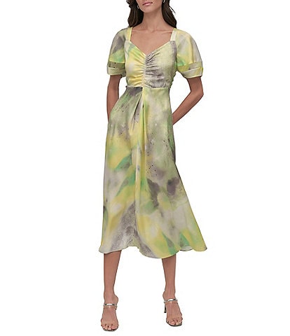 DKNY by Donna Karan Satin V-Neck Short Sleeve Ruche Front Midi Dress