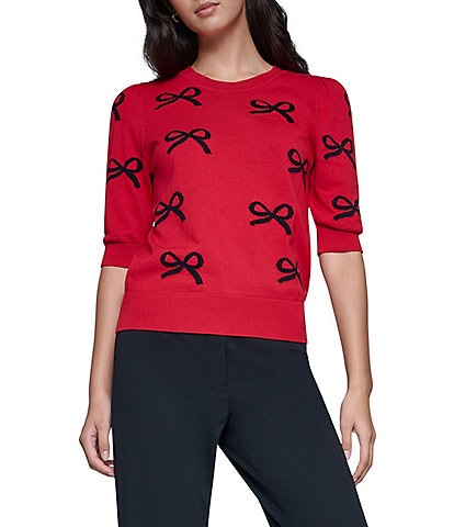 DKNY by Donna Karan Sequin Mini Bow Crew Neck Puff Sleeve Sweater