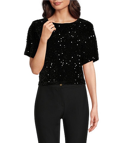 DKNY by Donna Karan Sequined Stretch Velvet Crew Neck Short Sleeve T-Shirt