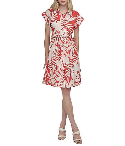 DKNY by Donna Karan Short Sleeve Faux Linen Button Front Shirt Dress
