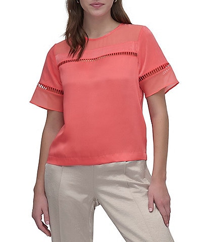 DKNY by Donna Karan Short Sleeve Ladder Lace Satin Blouse