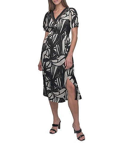 DKNY by Donna Karan Short Sleeve Printed V-Neck Ladder Lace Dress