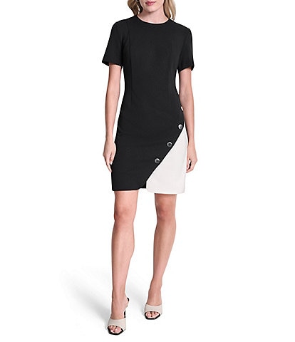 DKNY by Donna Karan Short Sleeve Sheath Color Block Dress With Faux Buttons