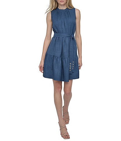 DKNY by Donna Karan Sleeveless Pleated Crew Neck Fit and Flare Dress
