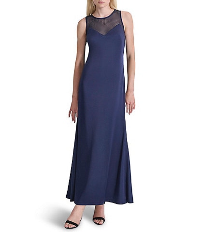 DKNY by Donna Karan Sleeveless Rhinestone Mesh Crew Neck Gown