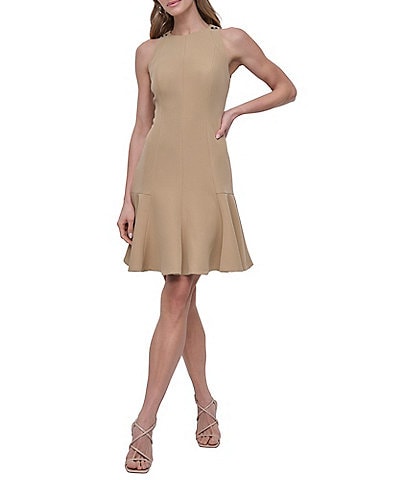 DKNY by Donna Karan Solid Crepe Crew Neck Sleeveless Flounce Hem Fit & Flare Dress