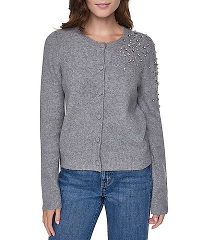DKNY by Donna Karan Solid Crew Neck Long Sleeve Rhinestone Button Front Cardigan