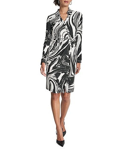 DKNY by Donna Karan Swirl Print Jersey Collared Long  Sleeve Asymmetrical Button Front Dress