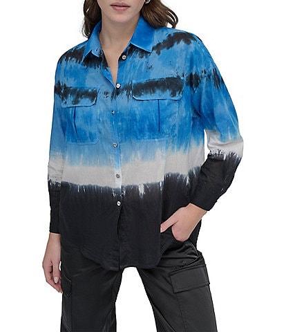 DKNY by Donna Karan Tie Dye Cotton Long Sleeve Button Front Shirt