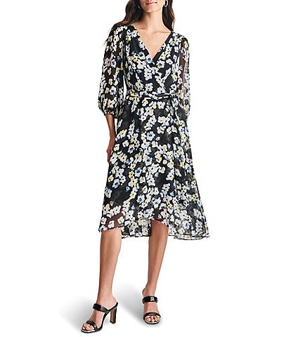 DKNY by Donna Karan V-neck 3/4 Sleeve Floral Print Faux Wrap Midi Dress