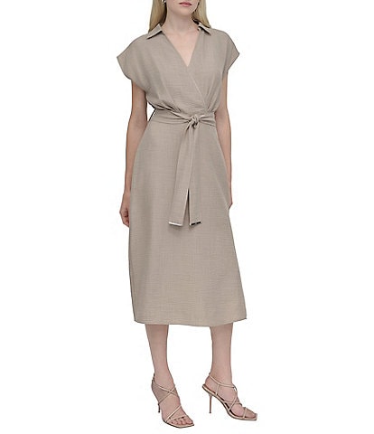 DKNY by Donna Karan V-Neck Collar Cap Sleeve Belted Midi Sheath Dress