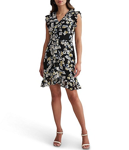 DKNY by Donna Karan V-Neck Floral Print Faux Wrap Dress