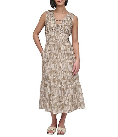 DKNY by Donna Karan V-Neck Sleeveless Flounce Hem Midi Dress
