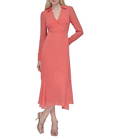 DKNY by Donna Karan Woven Collar V Neck Long Sleeve Front Twist A-Line Midi Dress