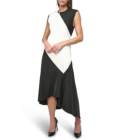 DKNY by Donna Karan Woven Colorblock Stripe Print Crew Neck Sleeveless Fit and Flare Midi Dress