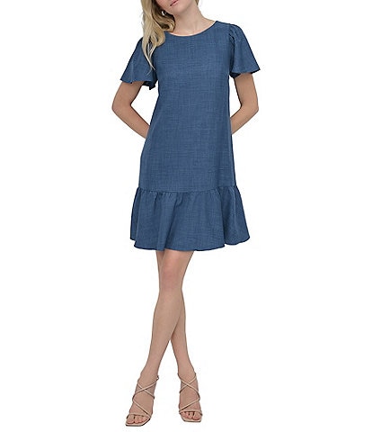 DKNY by Donna Karan Woven Crew Neck Short Sleeve Flutter Hem Shift Mini Dress