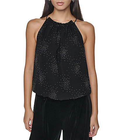 DKNY by Donna Karan Woven Firework Embellished Halter Neck Sleeveless Top