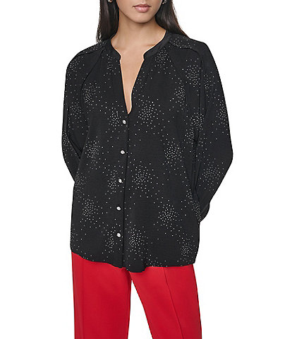 DKNY by Donna Karan Woven Firework Embellishment Long Sleeve Button Front Blouse