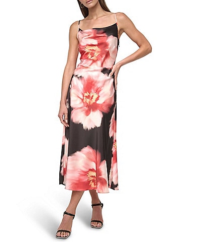 DKNY by Donna Karan Woven Floral Print Cowl Neck Sleeveless Fit and Flare Midi Dress