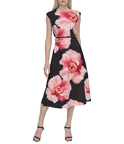 DKNY by Donna Karan Woven Floral Print Crew Neck Cap Sleeve Belted Fit and Flare Midi Dress