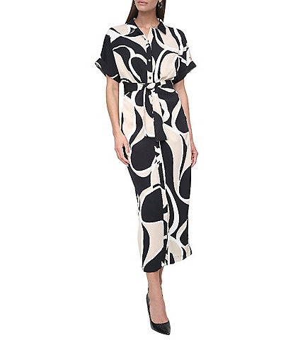 DKNY by Donna Karan Woven Geometrical Print Point Collar Neck Short Sleeve Button Front Waist Tie Shirt Midi Dress