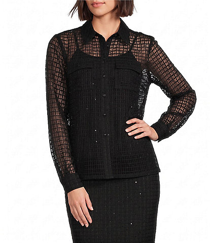 DKNY by Donna Karan Woven Mesh Sequin Point Collar Long Sleeve Button Front Shirt