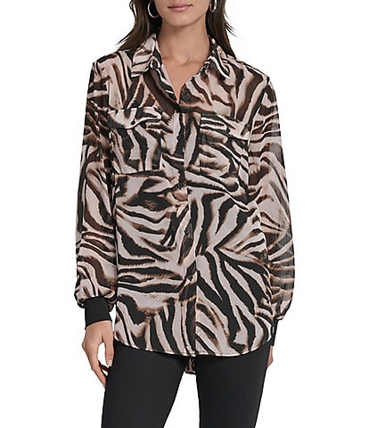 DKNY by Donna Karan Zebra Print Crinkle Chiffon Long Sleeve Collared Button Front Blouse