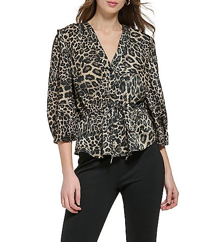 DKNY Cheetah Print Satin V-Neck 3/4 Sleeve Blouse
