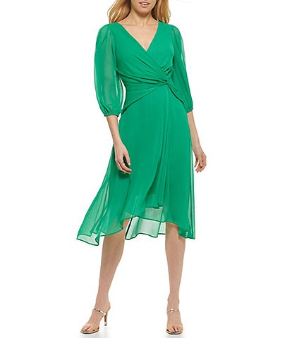 DKNY by Donna Karan Chiffon Surplice V-Neck 3/4 Balloon Sleeve Side Twist High-Low Midi Dress